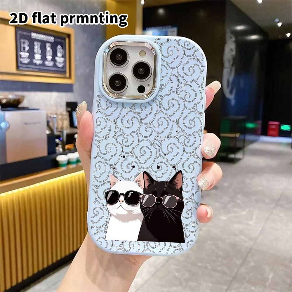 Phone Case: 2D flat design suitable for iPhone 18 17 16 15 14 13 Pro protective case, couple style, black and white cool cat, Christmas and Halloween