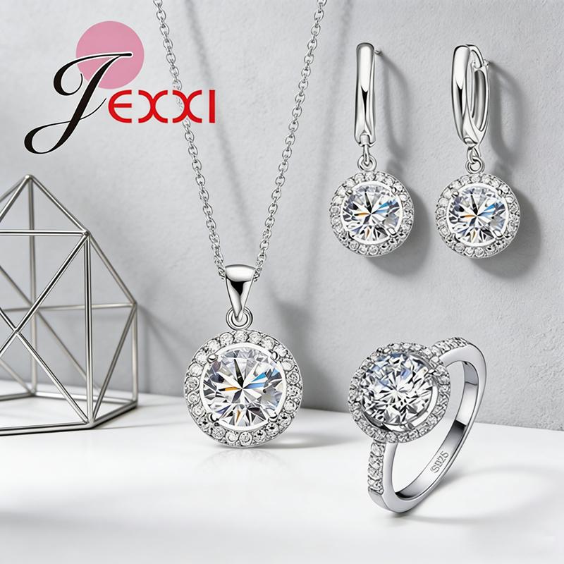 Exquisite Women Wedding Necklace Earring Ring Jewelry Set 925 Sterling Silver Zircon Crystal Jewelry Set