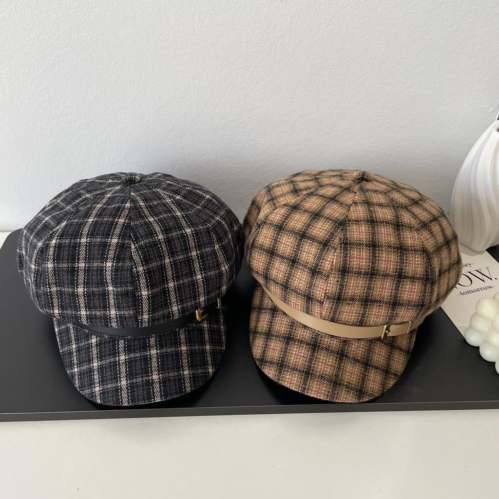 Classic Plaid Octagonal Hat Autumn Winter Fashion Trendy Casual Versatile Retro Beret