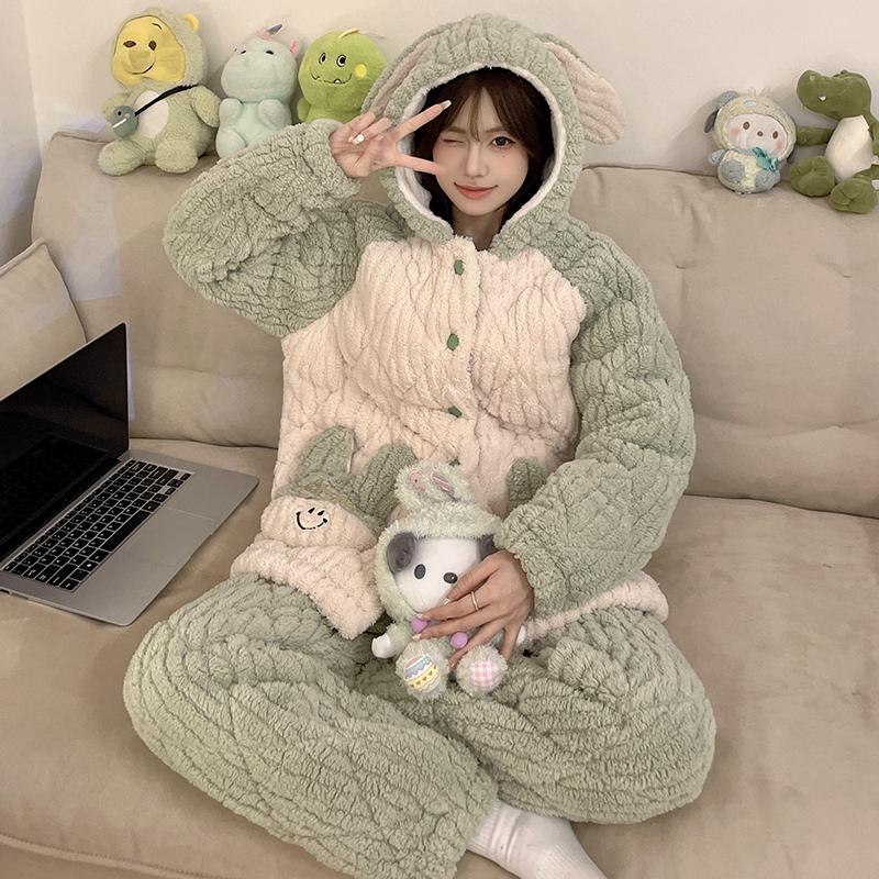 Panda Cartoon Cute Pajamas Winter Women's Flannel Warm Pajamas Large Size Pajamas Pajamas Women's Coral Velvet Home Clothes