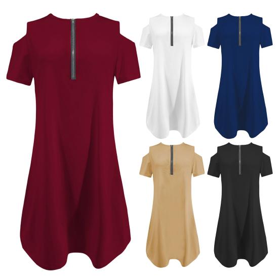 Мини-платье с круглым вырезом и застежкой-молнией с половиной планок, с коротким рукавом, свободного кроя, однотонное короткое платье с открытыми плечами, уличная одежда