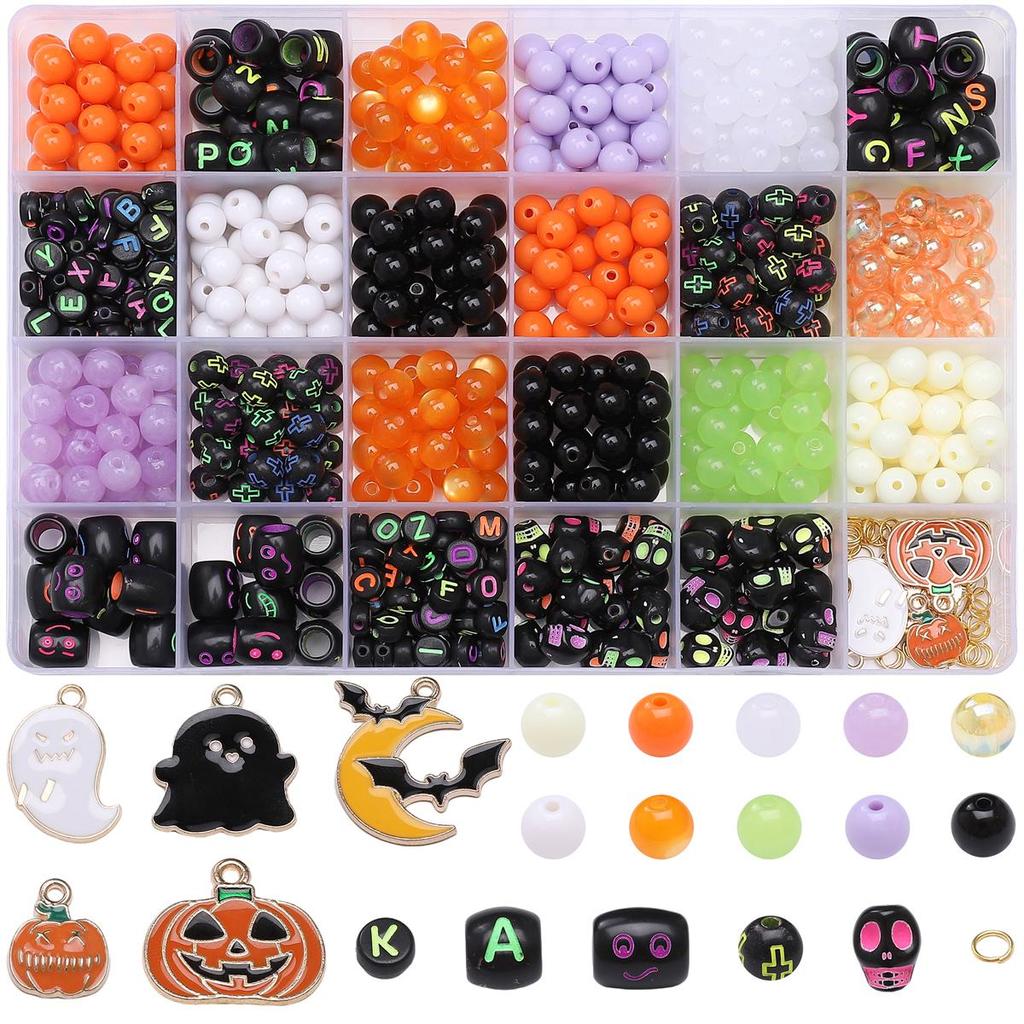 520pcs/box Acrylic Beads Halloween Alloy Pendants Accessory Set for DIY Necklace Bracelet Jewelery Making