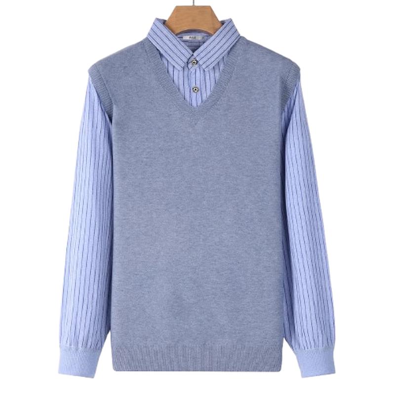 SNOWFLYING Men's Faux Two-Piece Striped Knit Sweater