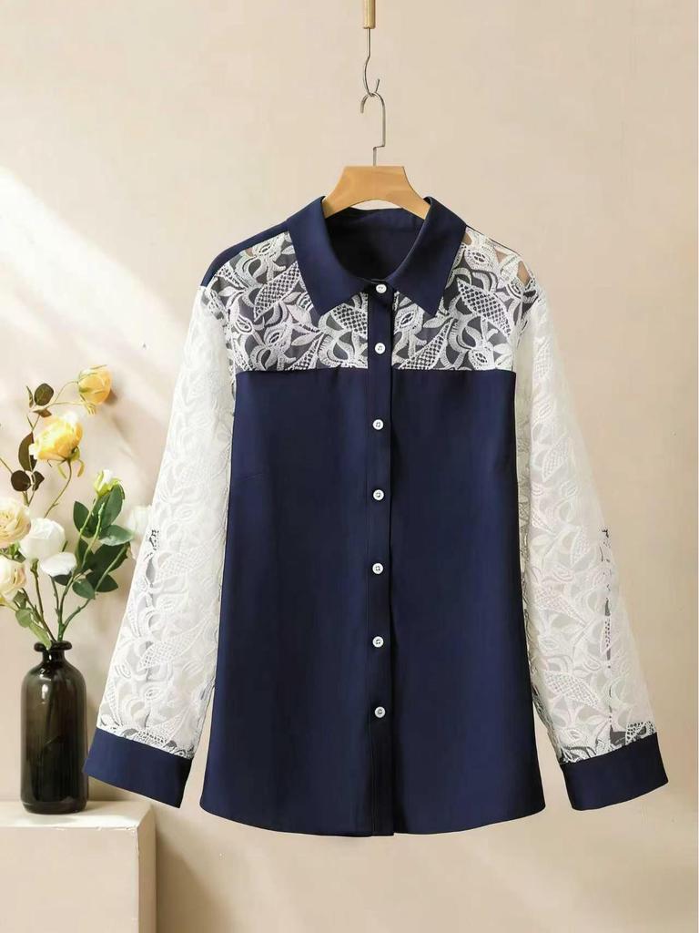 Кружевной пэчворк, двухпредметный, больших размеров, 2025: Комплект: рубашка с длинным рукавом и брюки клеш