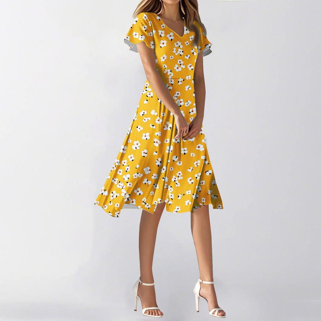 Women's Summer Casual Fashion Flower Print Dress V Neck Short Sleeve Short Skirt