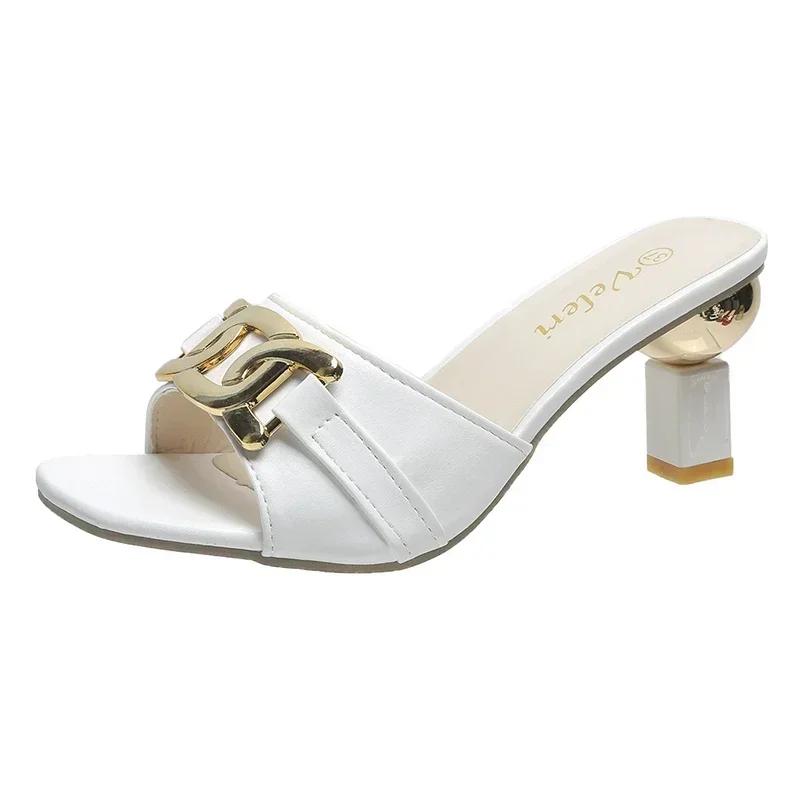 Summer Women's Slippers Sandals Shoes Female Golden Metal Chain Ladies Fashion Casual Slides Mules Indoor Zapato Mujer 36-43