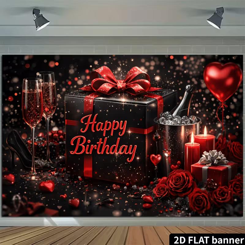 2D Black Red Rose Champagne Gift Box Birthday Backdrop Red Heart Balloon Photo Background Banner