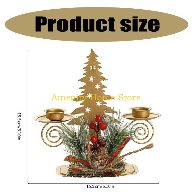 F26C Gold Iron Double Candlestick Home Decors for Holiday Christmas Metal Candle Holders Stand with Pinecones and Berries