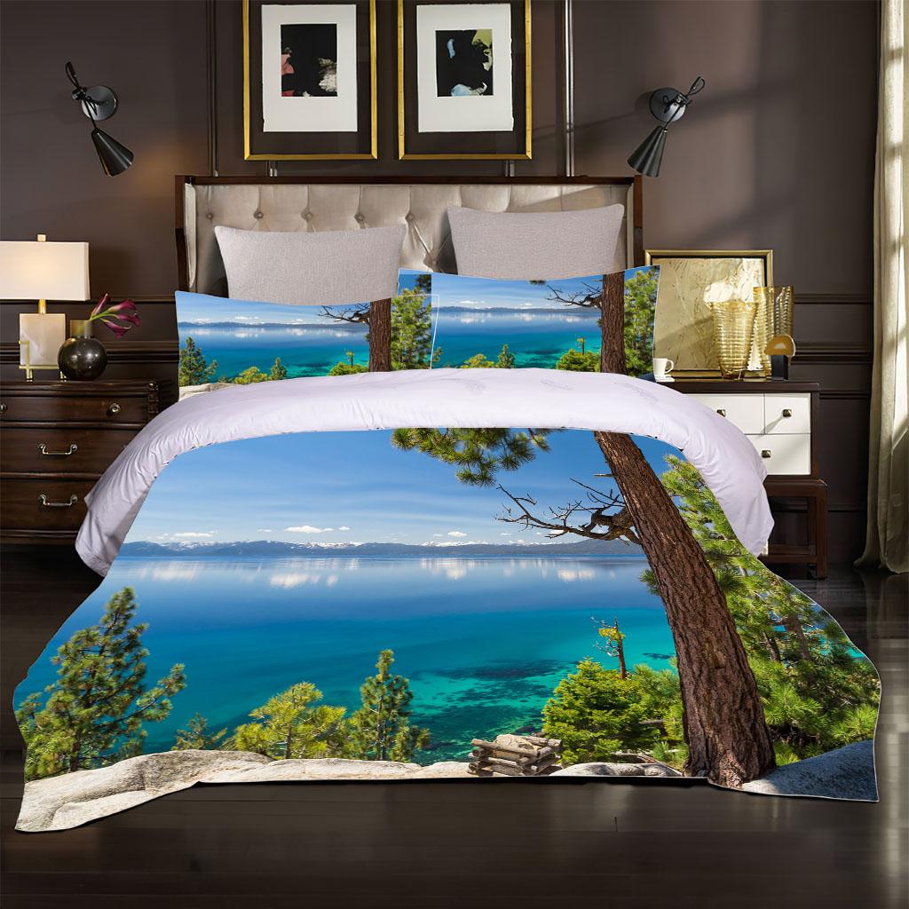 2 Seater Bed Covers 3D Lake Landscape 3 Pieces Printing Twin Bedding Set Quilt Cover Pillowcase Duvet Cover Set King Size