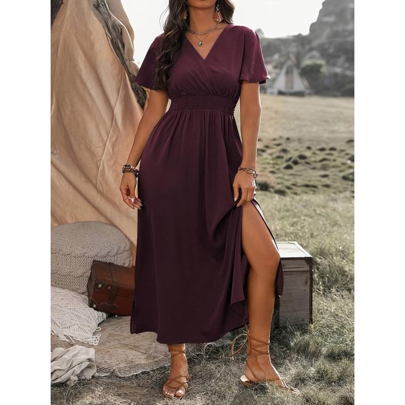 YYFS Women's Fashion Summer Spring Solid Color Print Short Sleeve V-Neck High Waist Casual Dresses