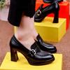 Women High Heels Shoes Pointed Toe Thick Heel Soft Sexy Pu Leather Slip On Pumps High Top Solid Color Casual Party Office Shoes