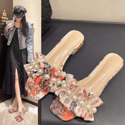 Mama Стразы пайетки крупные цветочные женские тапочки на среднем каблуке повседневные банкетные модные вечерние женские тапочки 2024