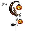 Outdoor Decorative Metal Stakes Solar Halloween White Ghost Pumpkin Moon Garden Stake Light, Waterproof LED Crescent Cat Lanterns Yard