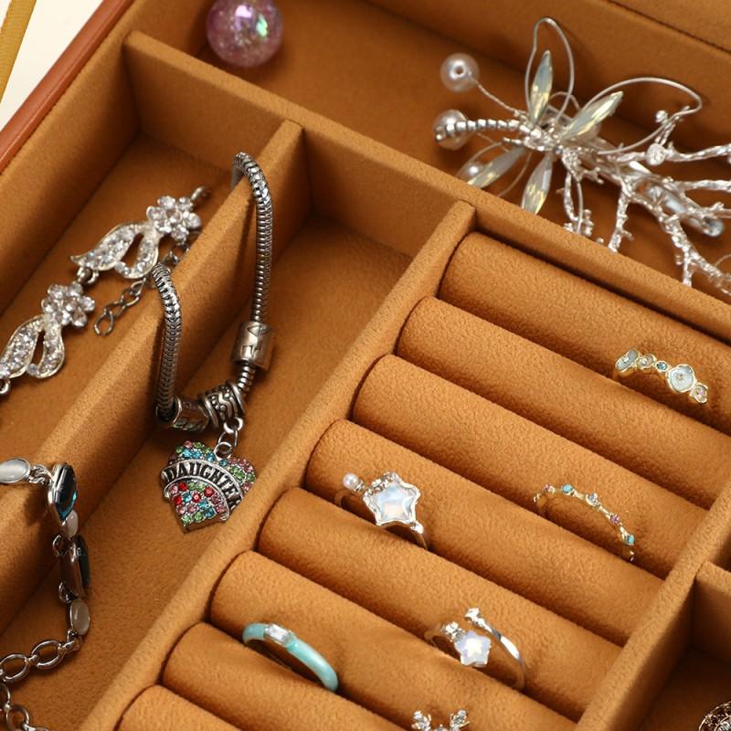 PU Leather Jewelry Organizer Box With 3 Layers Drawers Rings Necklaces Earrings Storage