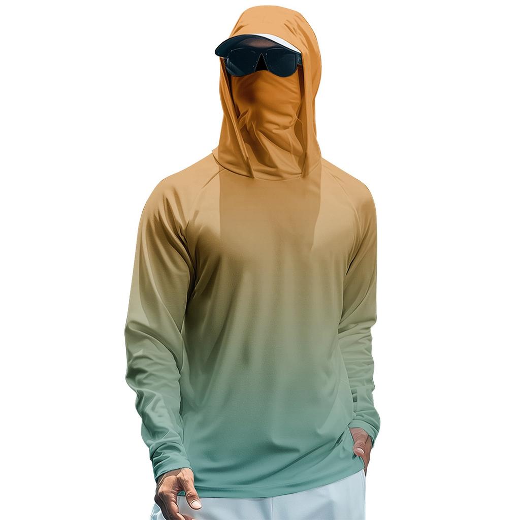 Men's Summer Gradient Color Quick-drying Long-sleeved T-shirt Sun Clothing Fishing Fitness Sports Hooded Long-sleeved Top
