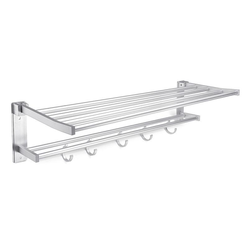 Double Layer Bathroom Towel Racks Wall Mount Bar Holder Rack Shelf with Hooks Bath Rails Bars