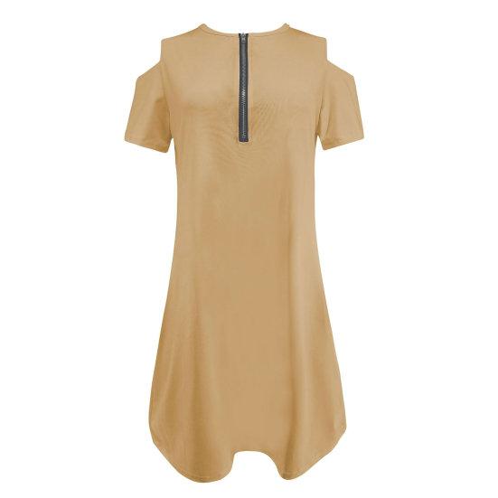 Мини-платье с круглым вырезом и застежкой-молнией с половиной планок, с коротким рукавом, свободного кроя, однотонное короткое платье с открытыми плечами, уличная одежда