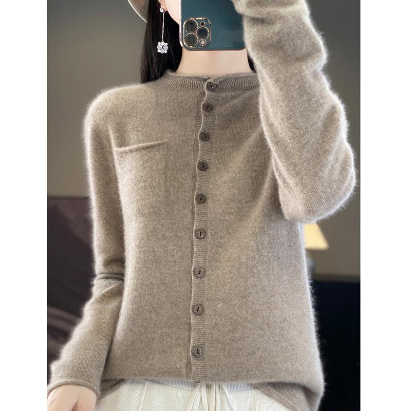 Women's Round Neck Cashmere Cardigan, Qinghe Cashmere, 30% Cashmere 70% Wool, Winter Knitted Pullover Autumn Sweater Cashmere Sweater