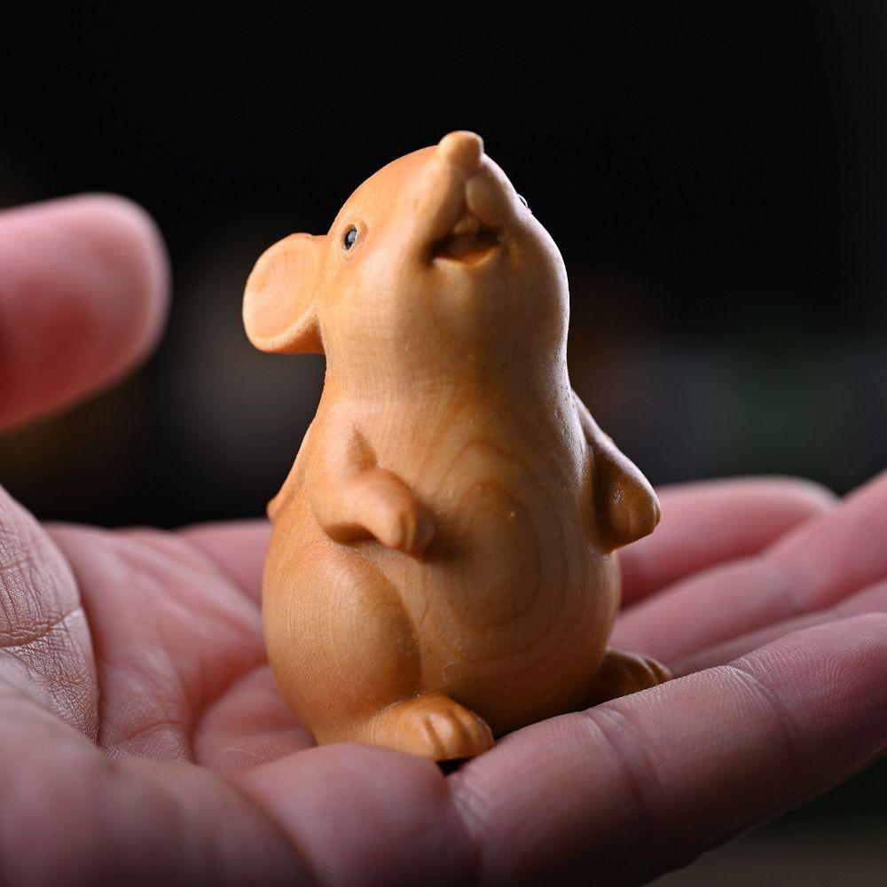 Wood Carved Zodiac Mouse Statuette Cute Animal Figurine Sculpture Crafts Hamster Statue Cabinet