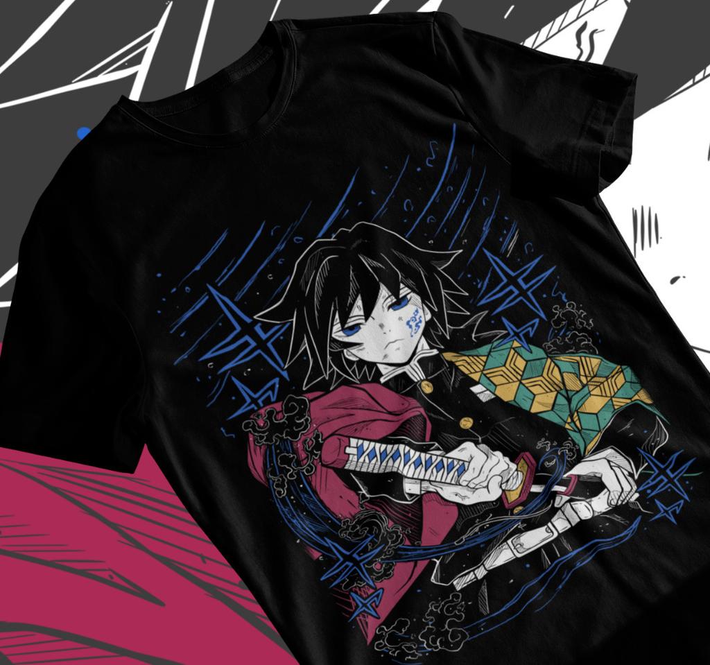 Giyu Tomioka T-shirt Demon Slayer Kimetsu No Yaiba Anime Black Soft Tee