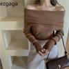 Off Shoulder Elegant Sweater Jumper Women Slash Neck Stretch Long Sleeve Pullover Solid All-Match Outwear Korean Chic