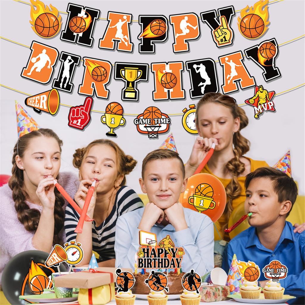 Украшения для вечеринки в баскетбольной тематике с баннерами, воздушными шарами и топперами для торта для спортивного праздника и детского дня рождения