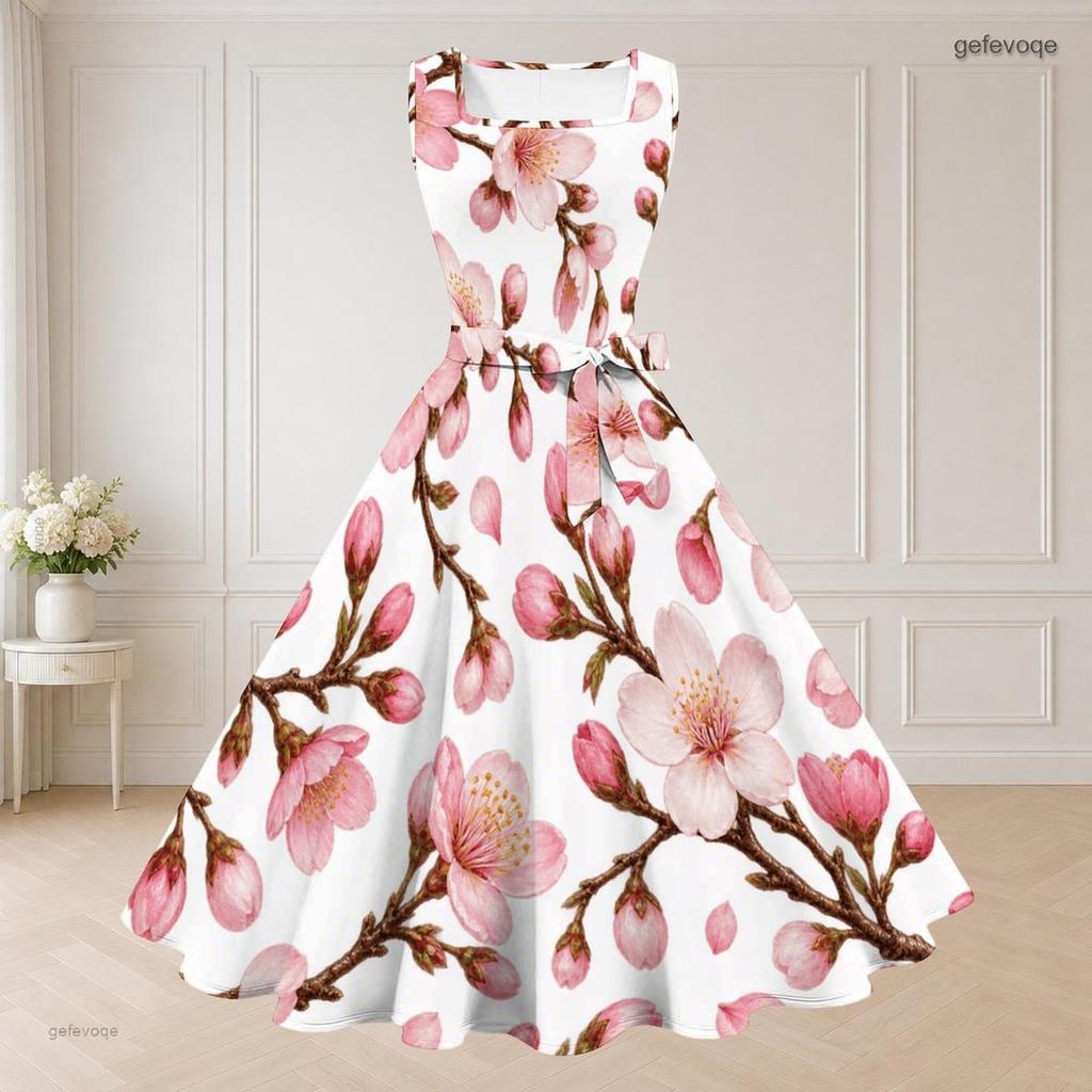 Women Plus Size Two Piece Set Black White Floral Printed Sleeveless Square Neck Tie Waist Flared Dress Short Sleeve Cropped Shrug