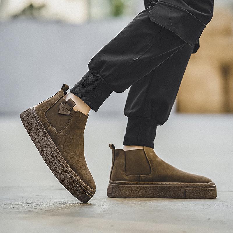 Men's Chelsea Suede Slip-On Ankle Boots, Retro British Style, Winter Velvet, Versatile Mid-Top Martin Design