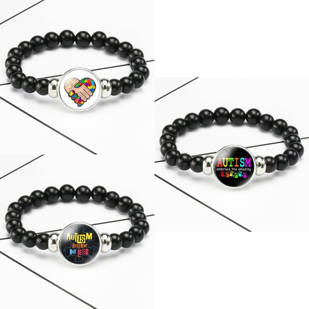 Men And Womens Beaded Bracelet Autism Awareness Black Stretch Cord