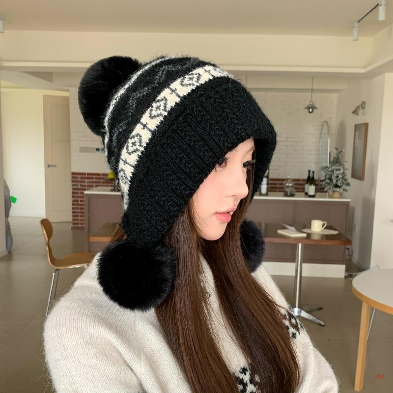 Fair Island wind autumn winter piled thickened pullover hat warm ear protection knitted big head circumference small face wool hat