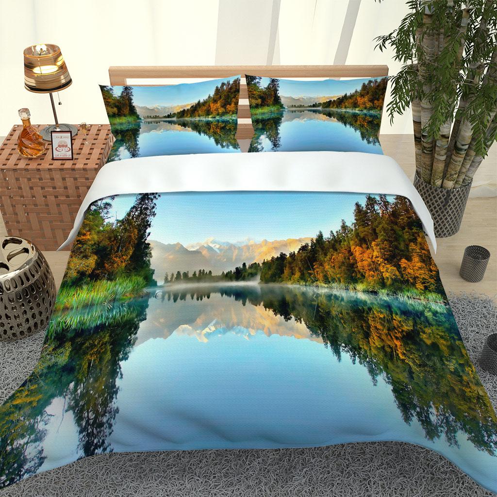 2 Seater Bed Covers 3D Lake Landscape 3 Pieces Printing Twin Bedding Set Quilt Cover Pillowcase Duvet Cover Set King Size
