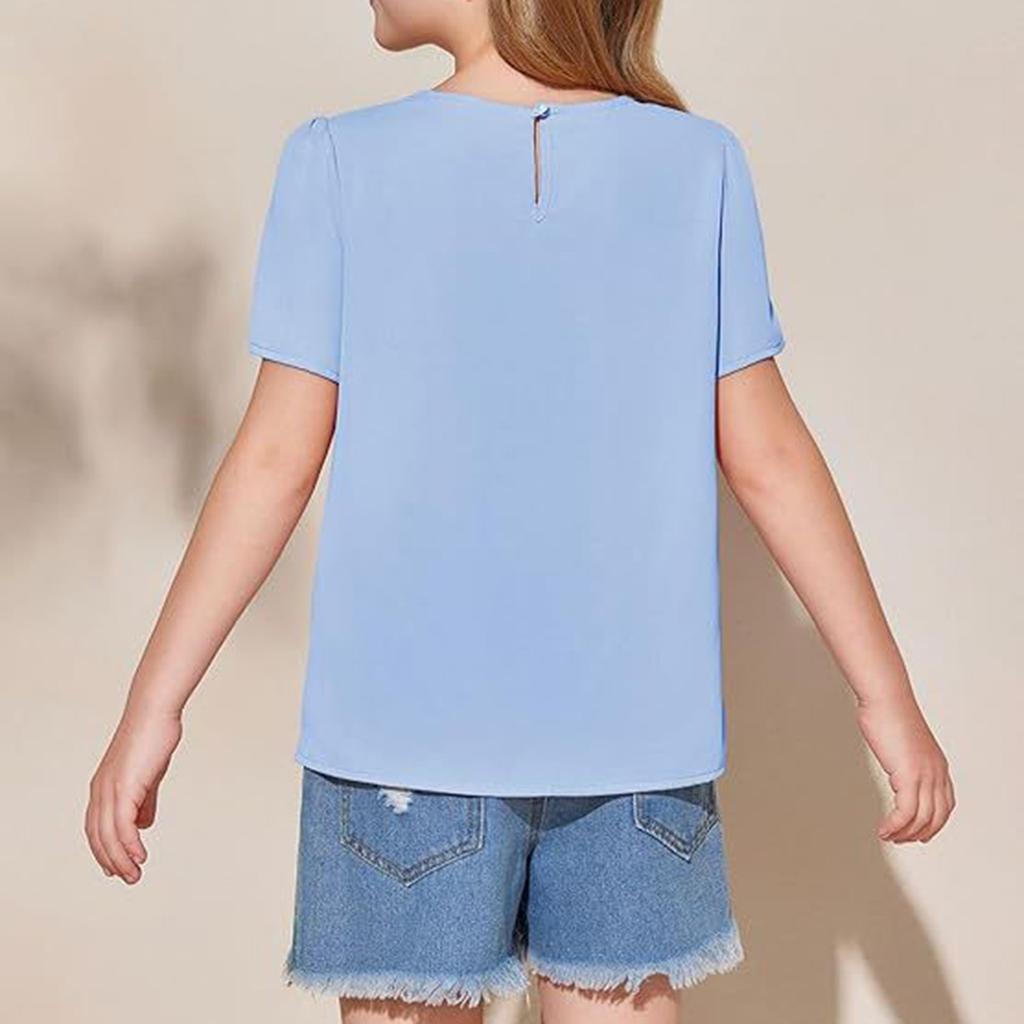 Children's Short-sleeved Solid Color T-shirt For Girls With Puffed Sleeve Chiffon Top