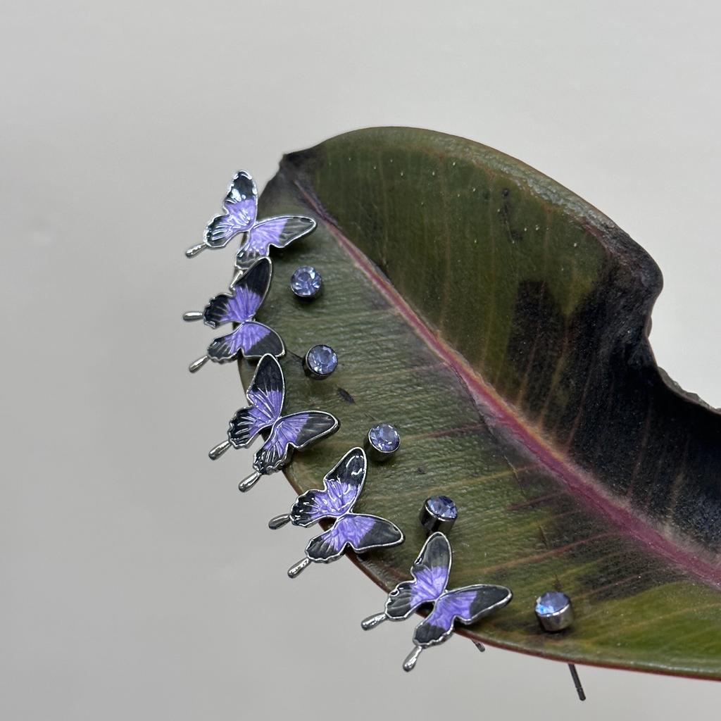 Fairy Purple and Blue Butterfly Rhinestone Asymmetrical Stud Earrings Dark Goth Insect Earrings Women Fashion Jewelry