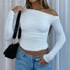 Fashion Women's Casual Tops Spring Ins Solid Color Slant Shoulder Long Sleeve Shrunken Top T-Shirt Comfortable and Versatile T-shirt for Ladies