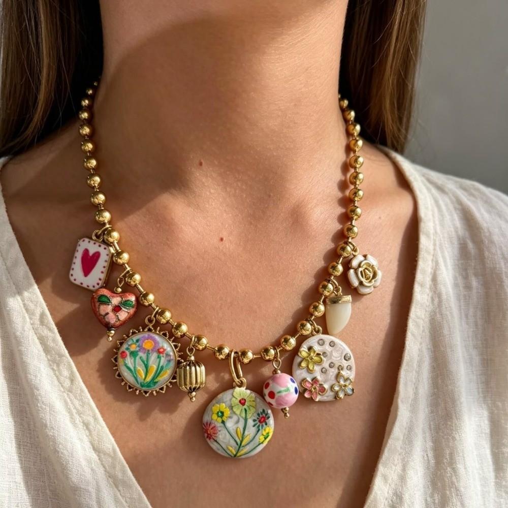 Flower Beads Necklace Enamel Ceramic Pendant Choker Necklaces Multiple Pendant Necklace For Women