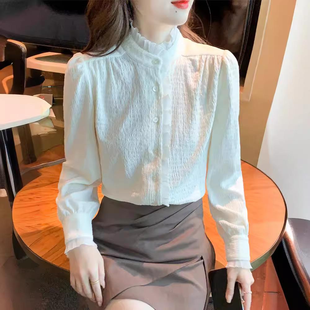 Женская осенне-зимняя рубашка с длинными рукавами и воротником-стойкой, а также бархатная рубашка с темпераментным верхом из шифона Palace