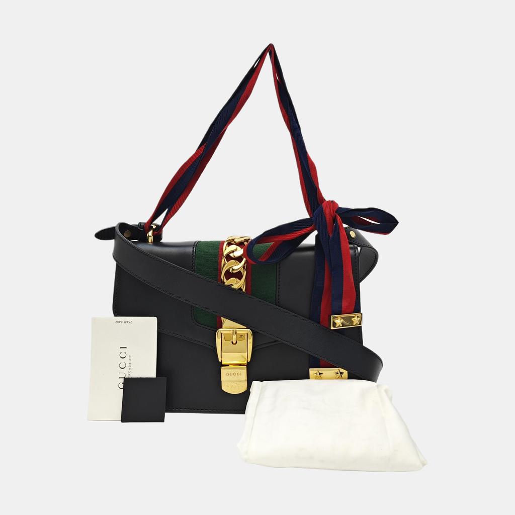[Pre-Owned] Sylvie Gold Buckle Striped Web Satin Bow Wide Shoulder Strap Leather Handbag Crossbody Bag Shoulder Bag Small - Good #1BMMFOP