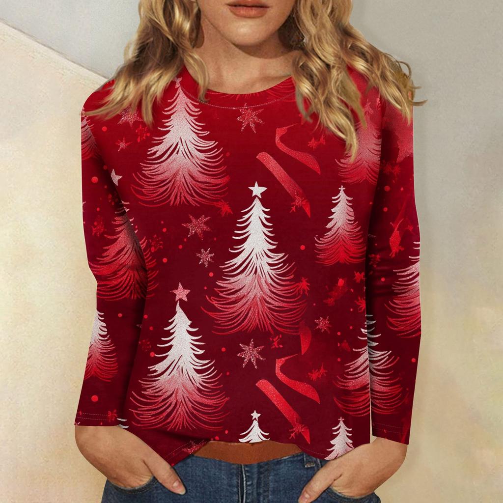 Long Sleeve Shirts For Women Cute Print Graphic Tees Blouses Casual Plus Size Basic Tops Pullover Christmas