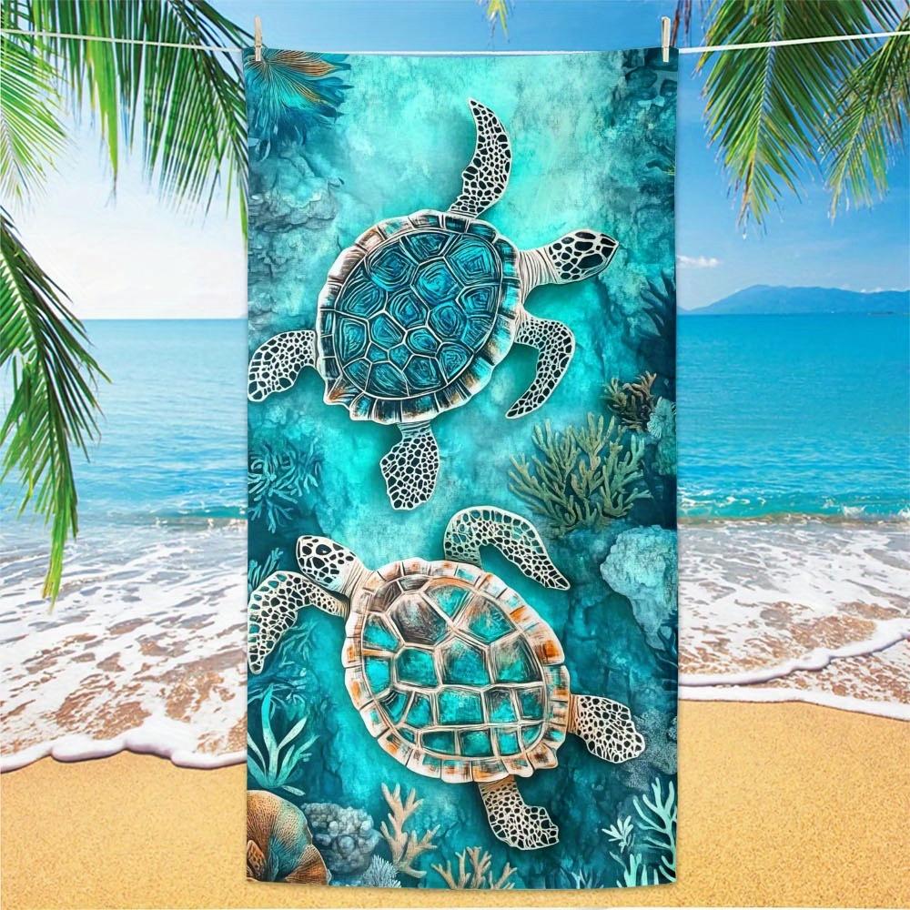Vibrant Teal Sea Turtle Beach Towel Watercolor Ocean Coral Print Absorbent Towel for Beach Pool Camping Picnic & Bath Use