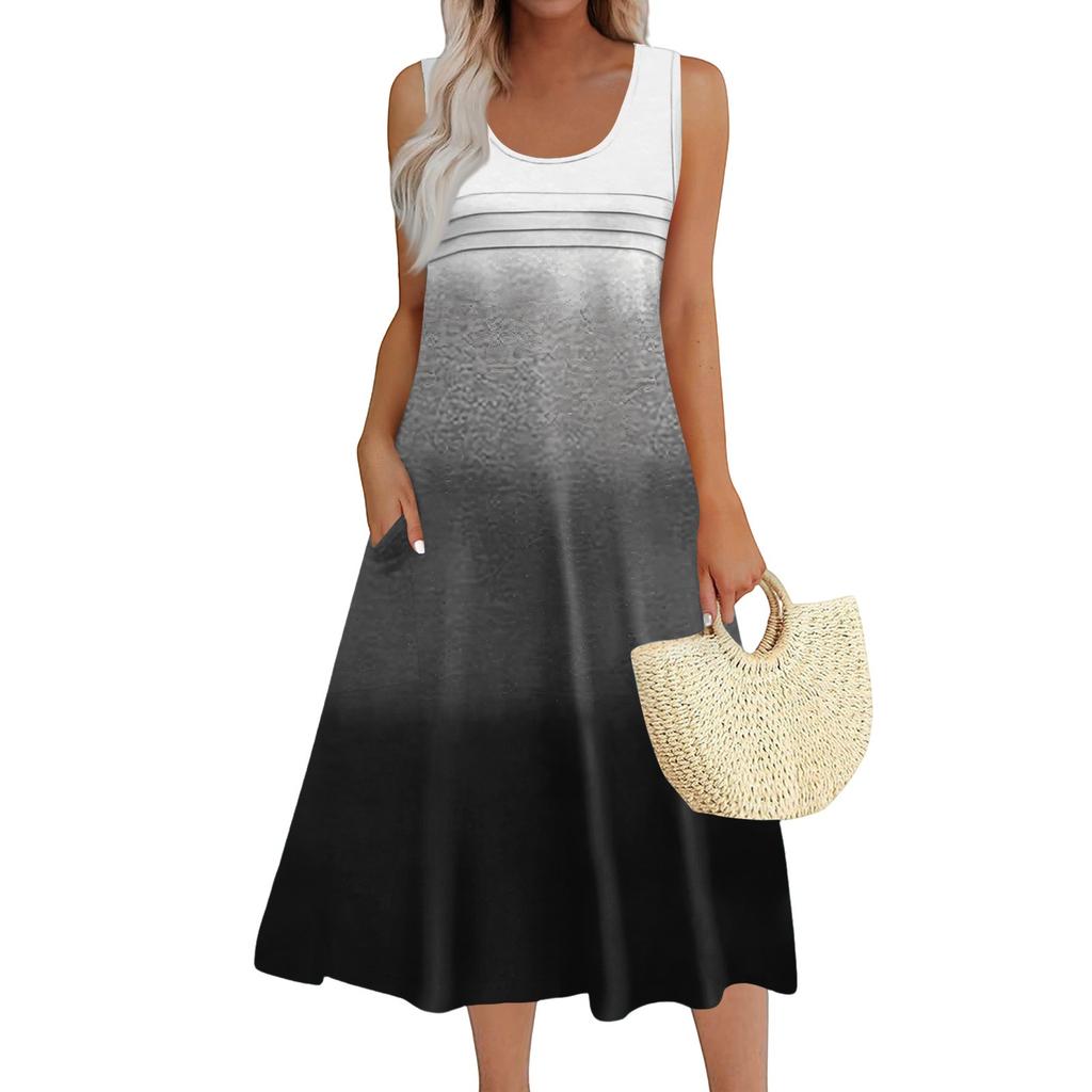 Женское модное пляжное платье без рукавов с круглым вырезом и карманами, длинные платья с градиентом