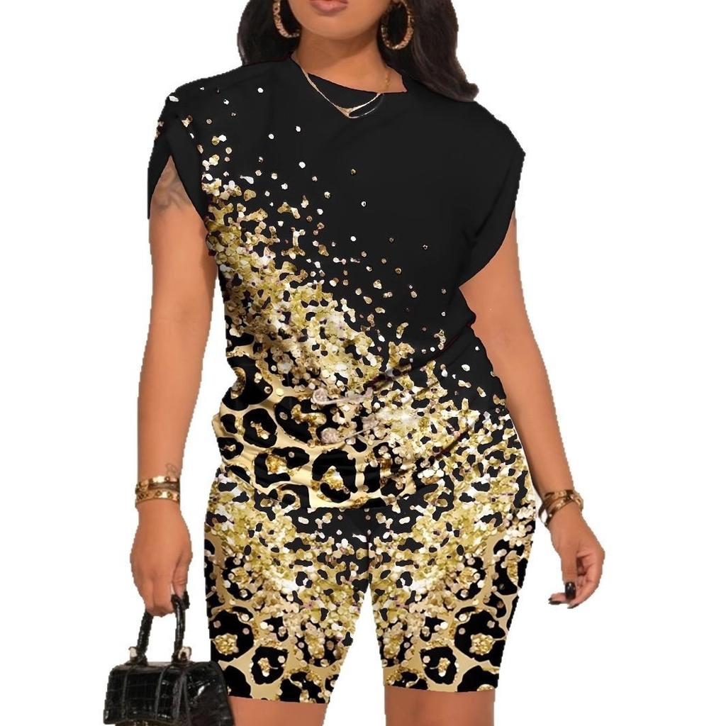 1116 new casual leopard print shoulder T-shirt set WA17 + WS11