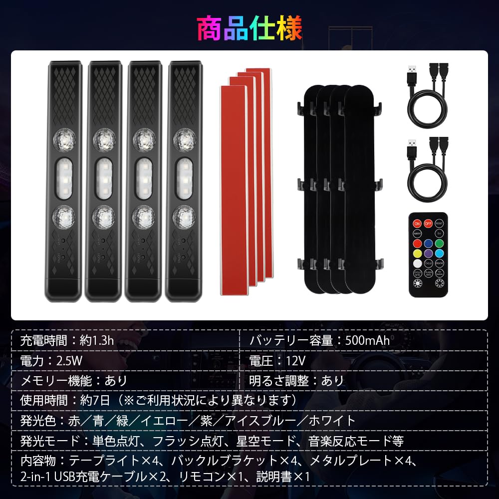 Catland LED RGB LED Strip for Foot 7 Starry Sky Mode Ice Interior LED Brightness Memory Universal Easy USB Remote Set of 4 Strip, Cars,