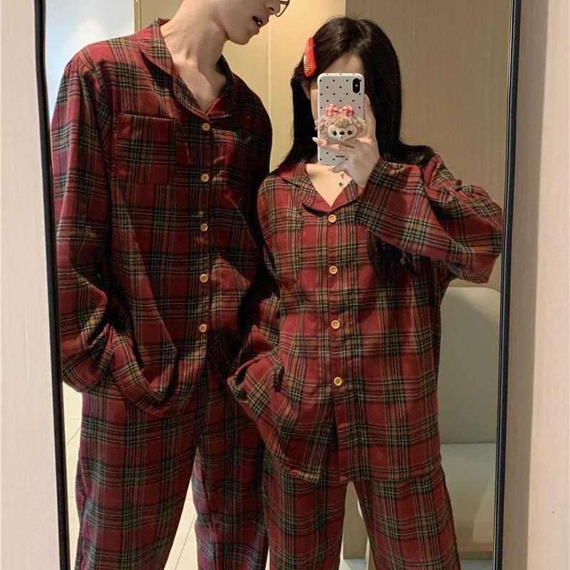 2024 Autumn Loose-Fit Couple Pajama Set - Long Sleeve Christmas Plaid Flannel Homewear