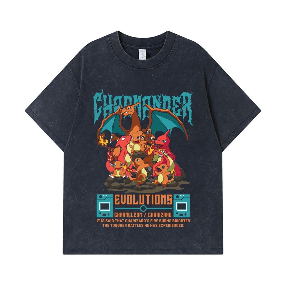 275 GSM Washed T-shirts 100% Cotton Pokemon V6 Charmander Evolutions Print Unisex Heavy Cotton T Shirt