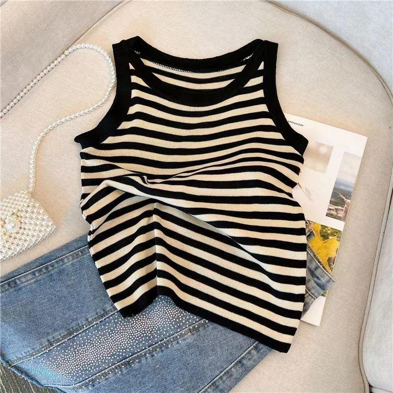 Свитер-жилет женский весенне-летний топ на бретельках с внутренним слоем и дизайном на ремешке, полосатый топ с жилетом без рукавов, женский пуловер