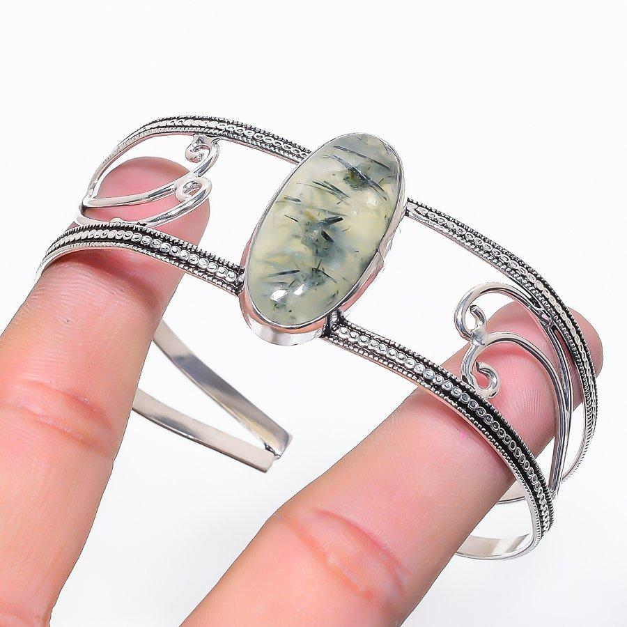 Натуральный Пренит Драгоценный Камень 925 Стерлинговое Серебро Манжета Браслет Регулируемый F1P72