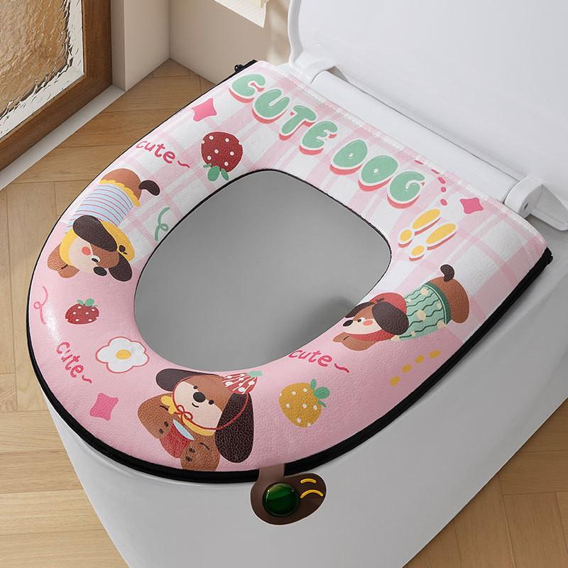 Thick Plush Toilet Seat Cover With Backrest Washable Cartoon Dog Print Winter Warm Soft Cotton Pad Home Bathroom Use