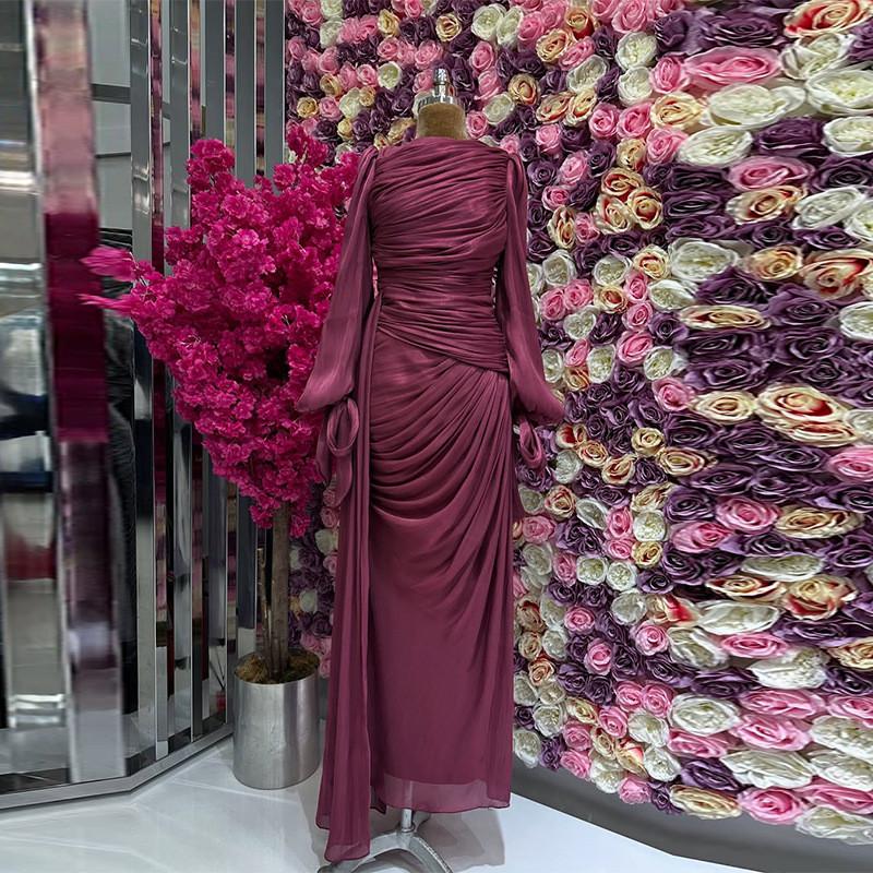 Polyester Pleated Dress With Long Sleeves For Elegant Women Spring