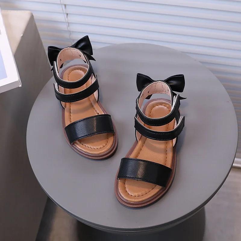 Little Girl's Sandals Gladiator Style Black White Children Sliders Flat Pu Leather Fashion Hook-loop Kids Summer Shoes 21-30