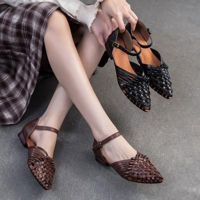 Сандалии из натуральной кожи ручной работы в стиле ретро на плоской подошве с дышащей пряжкой для поездок на работу и обратно для женщин